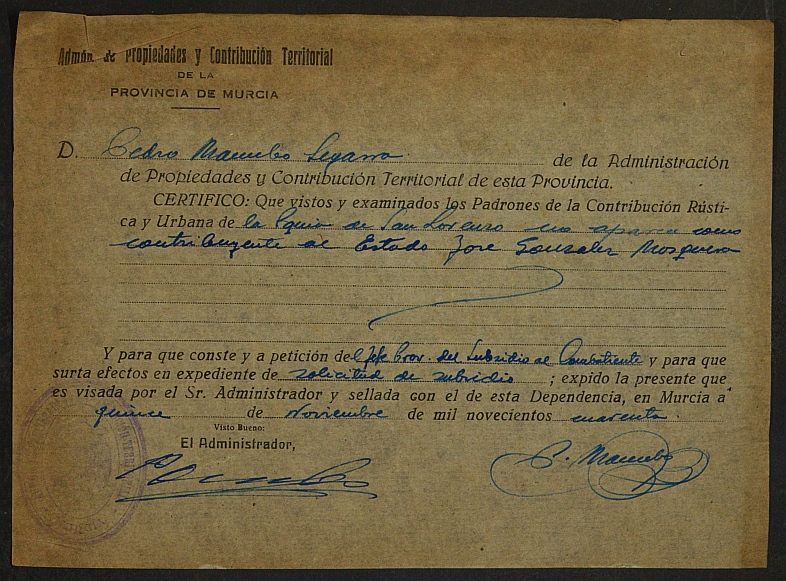 Expediente nº 106/1940 de beneficiario del subsidio al combatiente de José González Mosquera